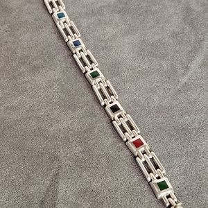 Vintage "1960s" Sterling "Multi-Inlaid Stone" Link Bracelet With Box Clasp ♡